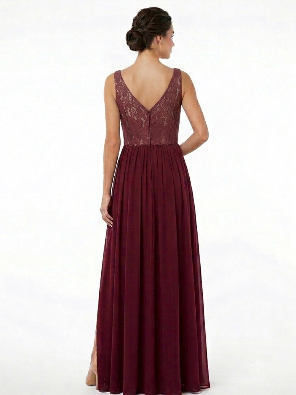 David's Bridal, Lace Bodice Chiffon Maxi Dress in Burgundy - M - Picture 2 of 9